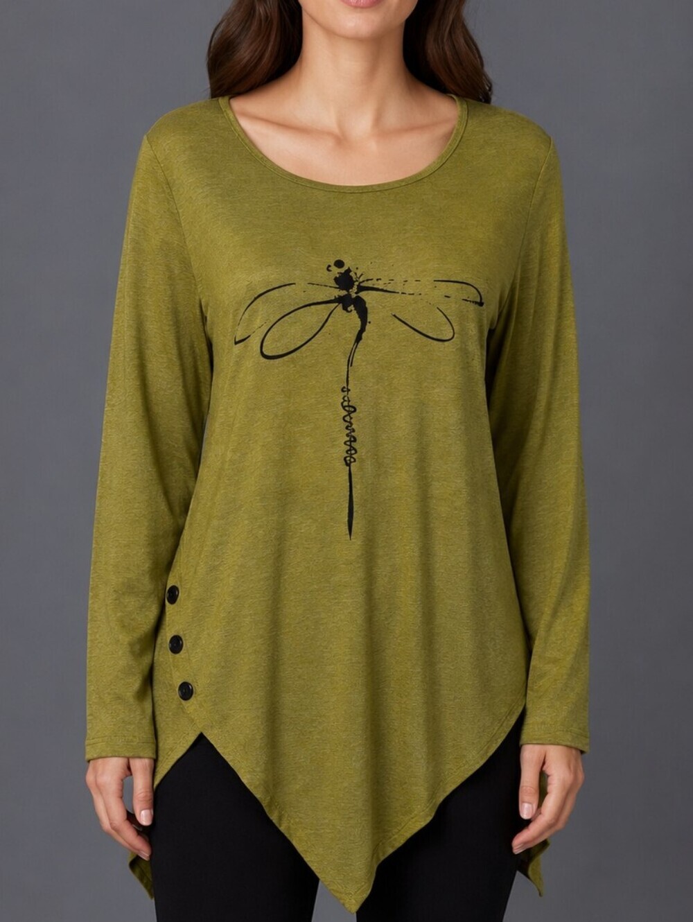 3/$30 Assymetric Button Embellished Dragonfly Sage Green Long Sleeve Tunic